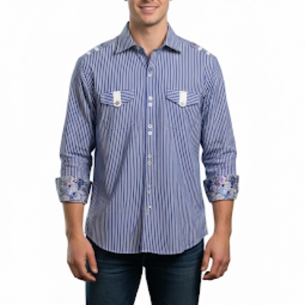 Bertigo Blue White Stripe Long Sleeve Button Front Shirt Mens Sz 3 US M